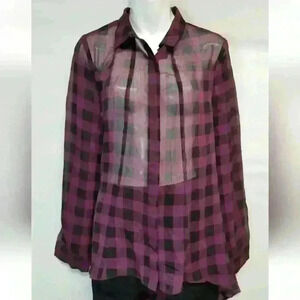 Women's Storee Black and Wine Checkered Sheer LS Long Tail Blouse Sz M